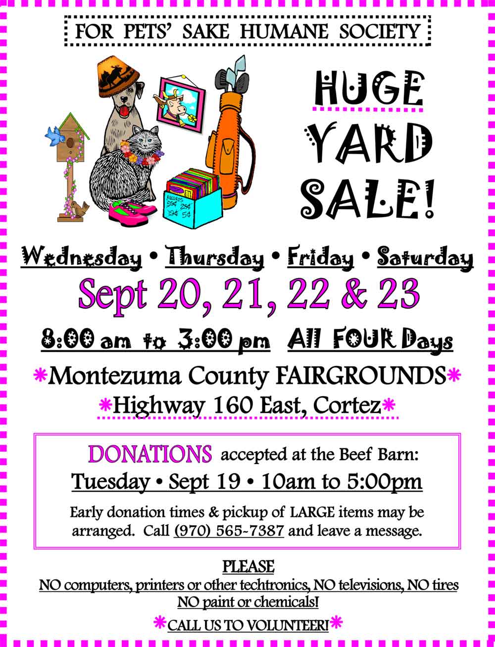 2023 Yard Sale Flyer September 20-21-22-23 8am - 3pm each day at Montezuma County Fairgrounds Beef Barn